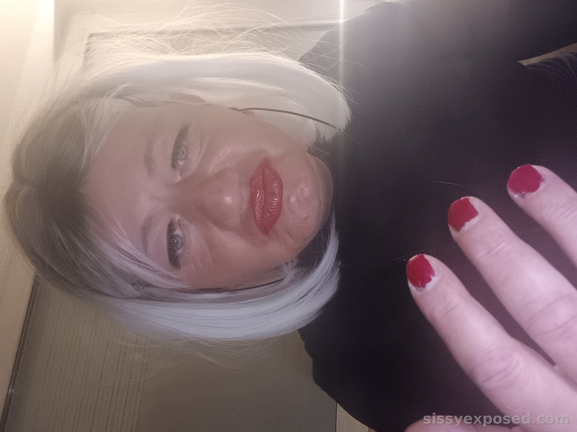 Mandy Winger - Slutty Silver Sissy Exposed in Tight Black Top & Red Lips