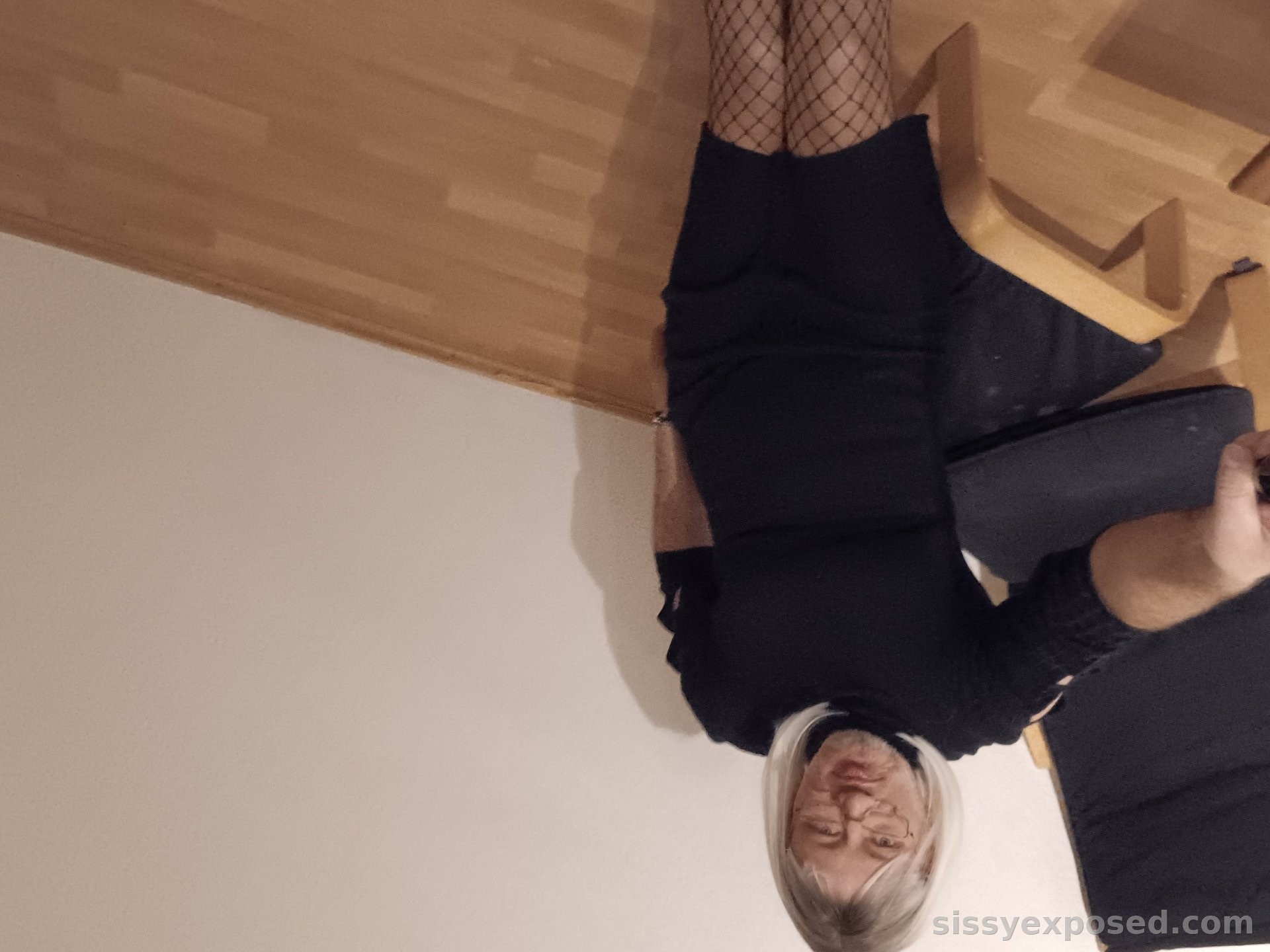 Mandy Winger - Blonde Sissy Slut in Black Dress & Fishnets | Exposed Crossdresser